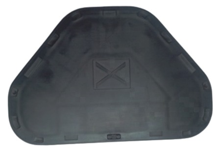 A dark grey rounded triangular cover with an embossed mark at its centre.