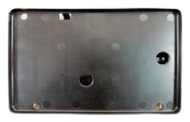A black rectangular plate with a raised rim and mounting holes.